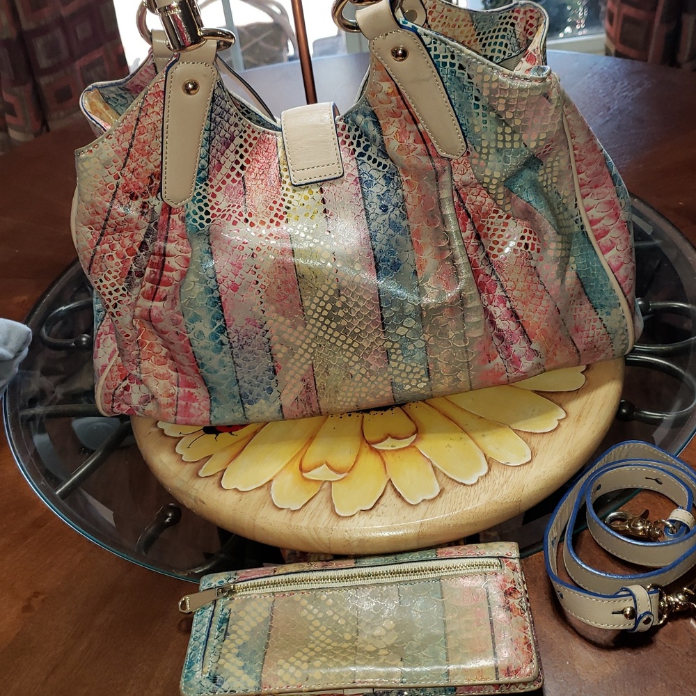 💘2PC BRAHMIN ELISA DOVE CORONADO CROC-EMBOSSED PLEATED LEATHER BAG-WALLET SET - Picture 6 of 14